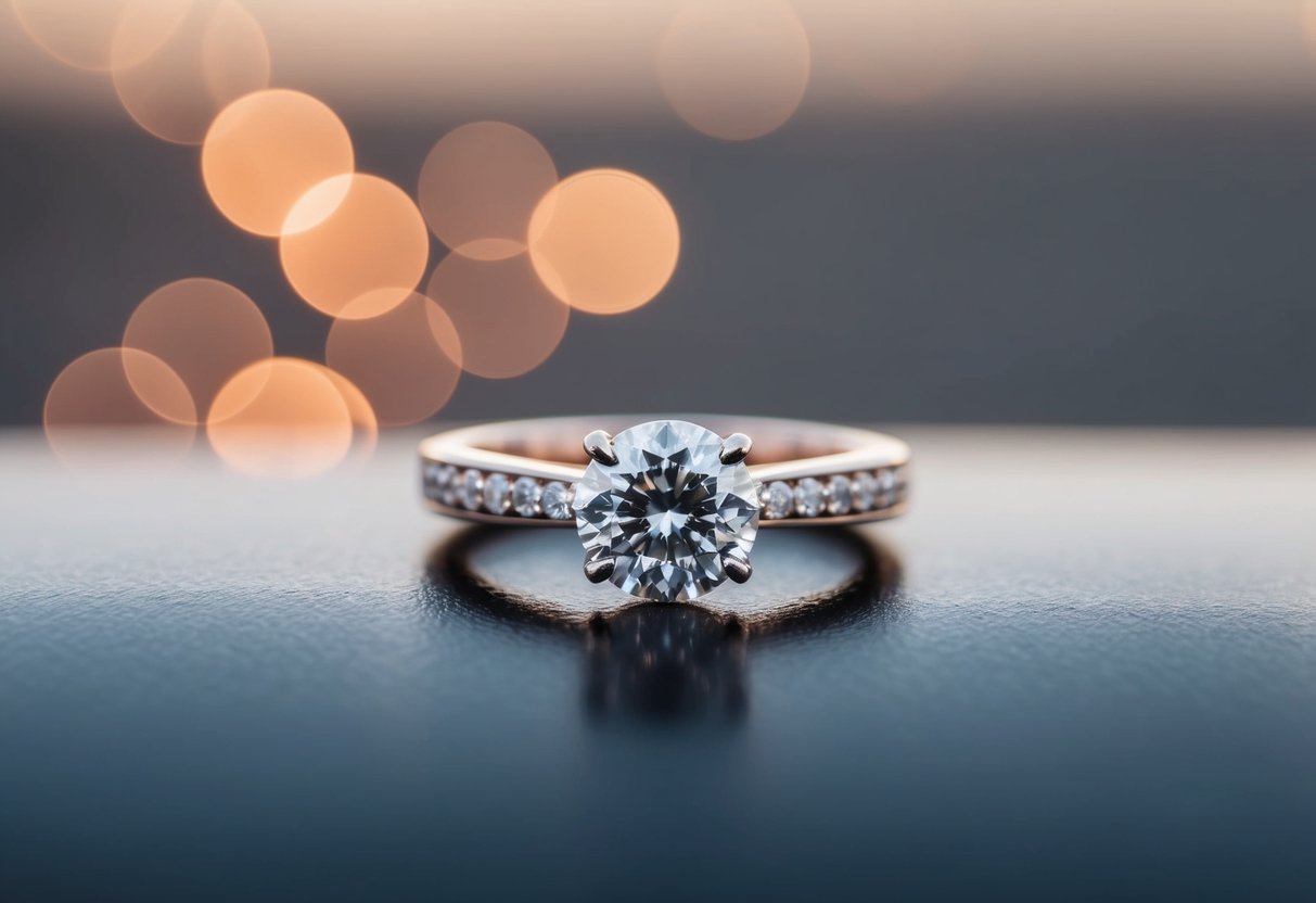 A diamond engagement ring spins on a smooth, polished surface