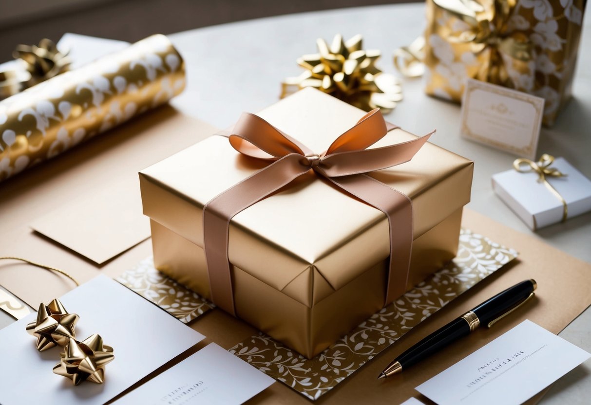 A beautifully wrapped gift box with a ribbon and bow, surrounded by elegant wrapping paper, a card, and a pen