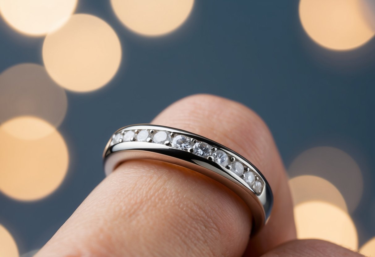 An engagement ring snugly fitted around a finger with a discreet sizing adjuster inserted inside the band to prevent spinning