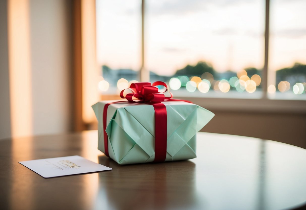 A beautifully wrapped wedding gift sitting on a table with a card attached
