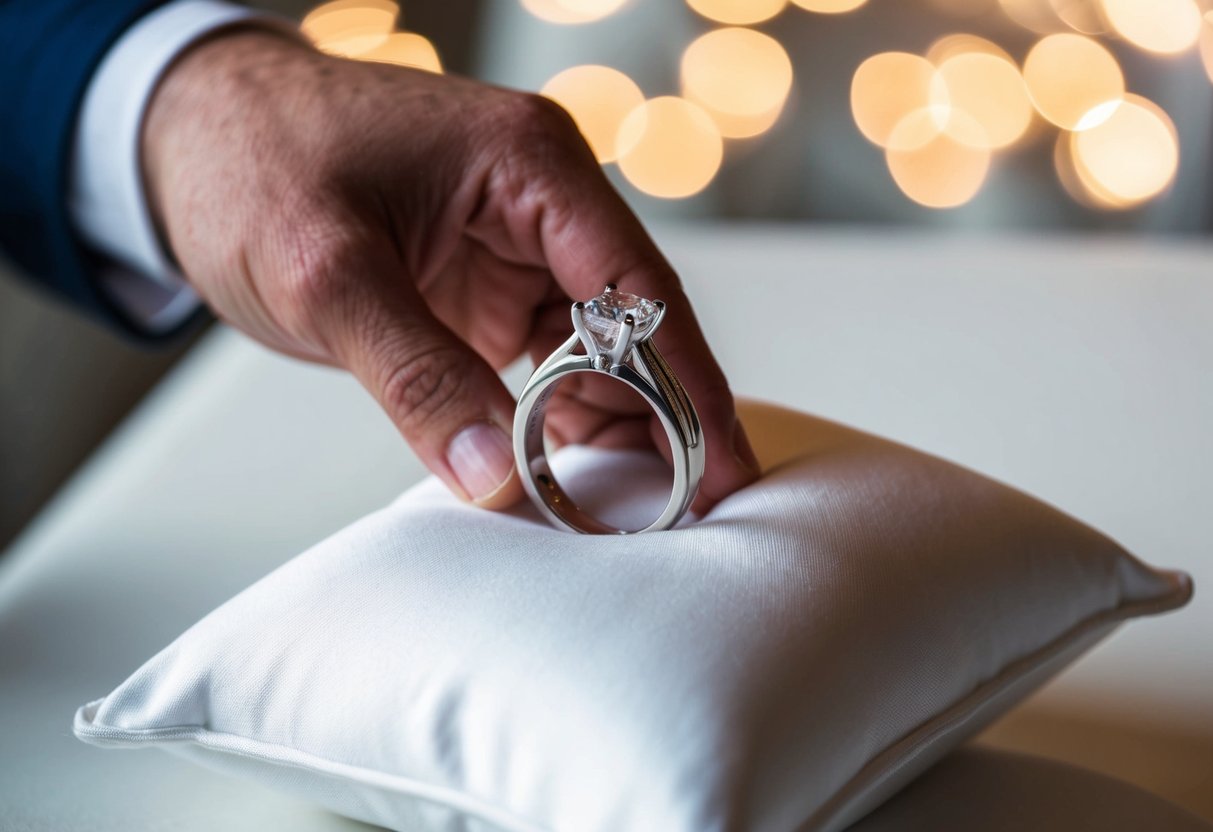 A wedding ring being placed on a white pillow, with the groom's name engraved on the inside