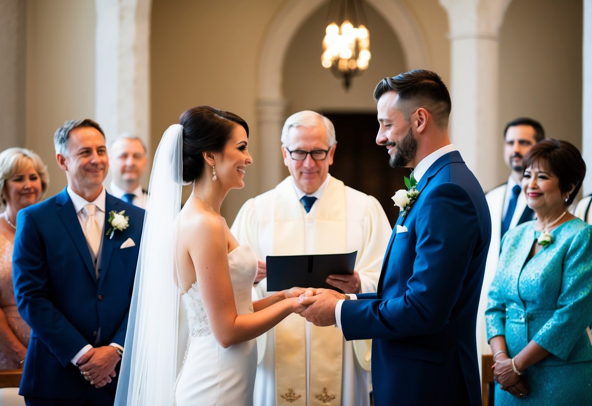 A bride and groom stand at the altar, exchanging vows as family members look on. The officiant holds a document with the couple's names