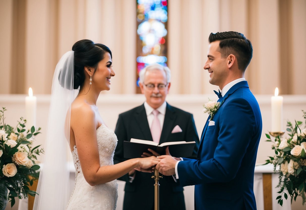A bride and groom stand at the altar, exchanging personalized vows. Their names are beautifully displayed on a custom ceremony script