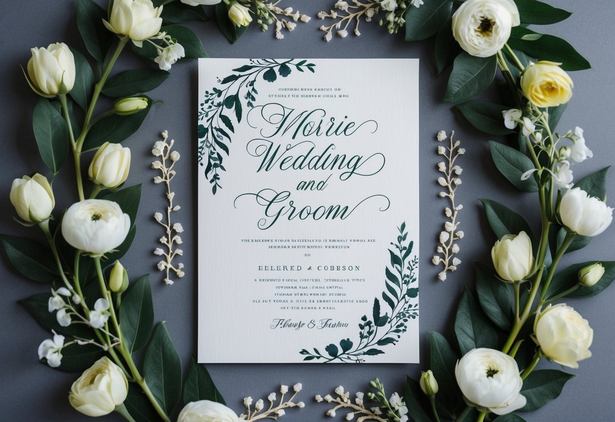 A wedding invitation with the names of the bride and groom arranged in elegant calligraphy, surrounded by floral and decorative elements