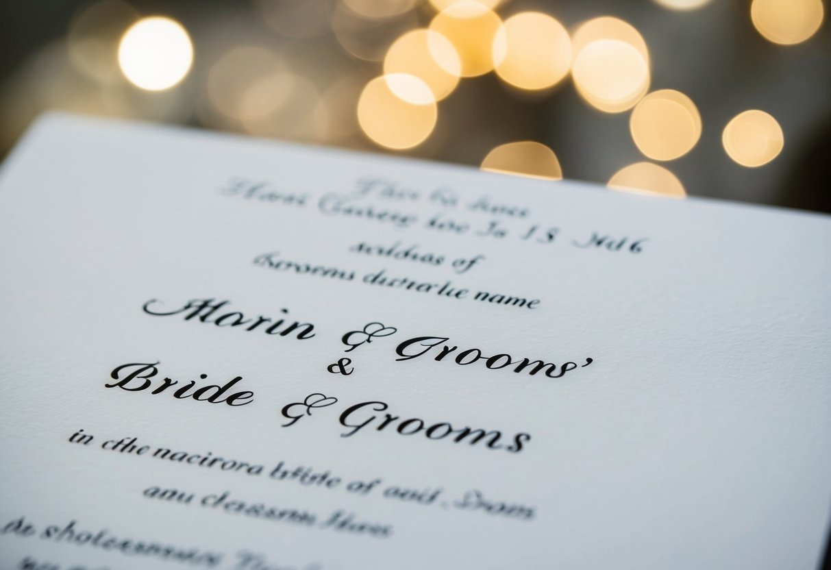 A bride and groom's names written on a wedding invitation, with the groom's name listed first