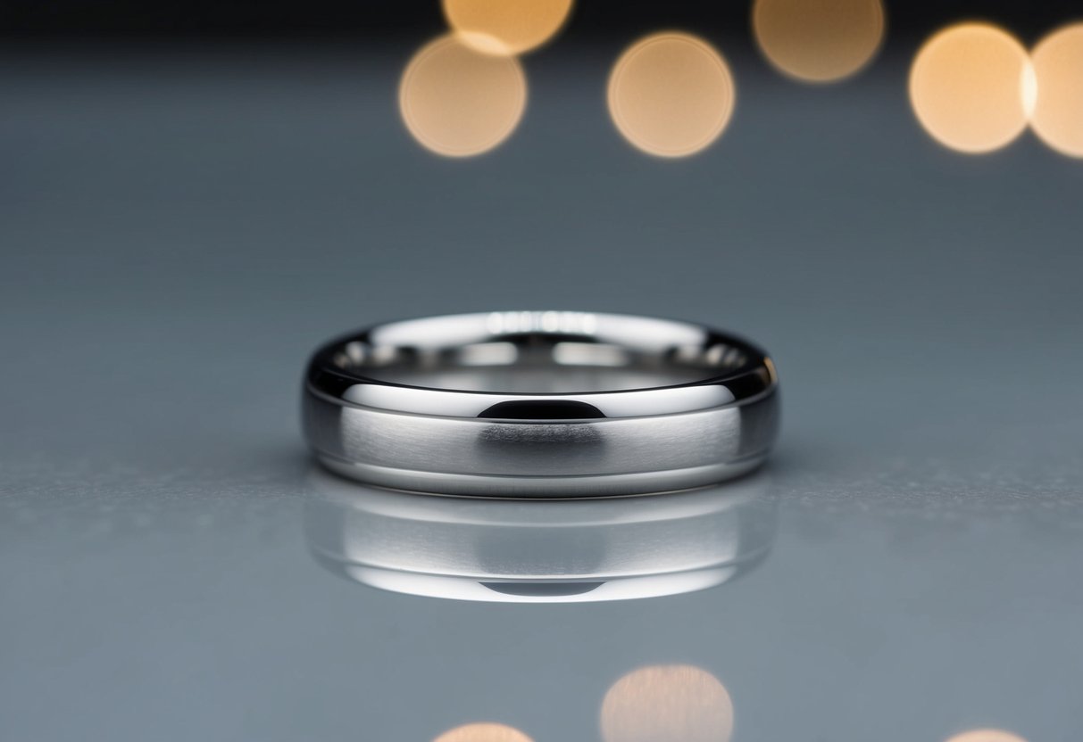 A close-up of a 1.6 mm wide wedding band resting on a smooth, reflective surface