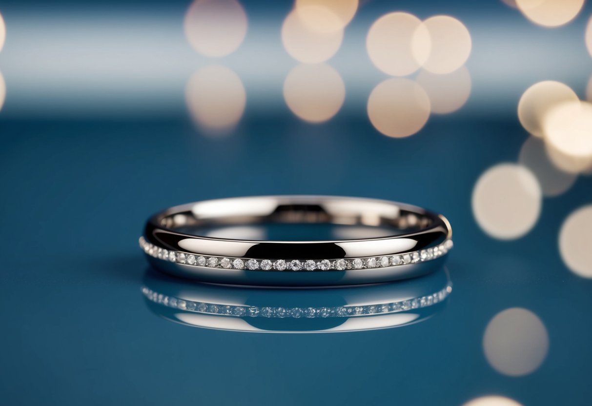 A close-up of a slender 1.6mm wedding band resting on a smooth, reflective surface