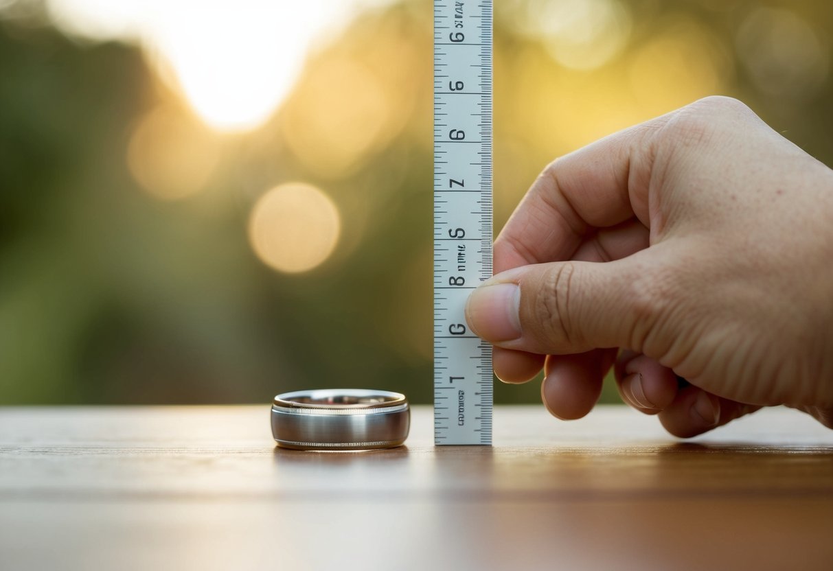 A hand holding a ruler next to a wedding band, measuring its width