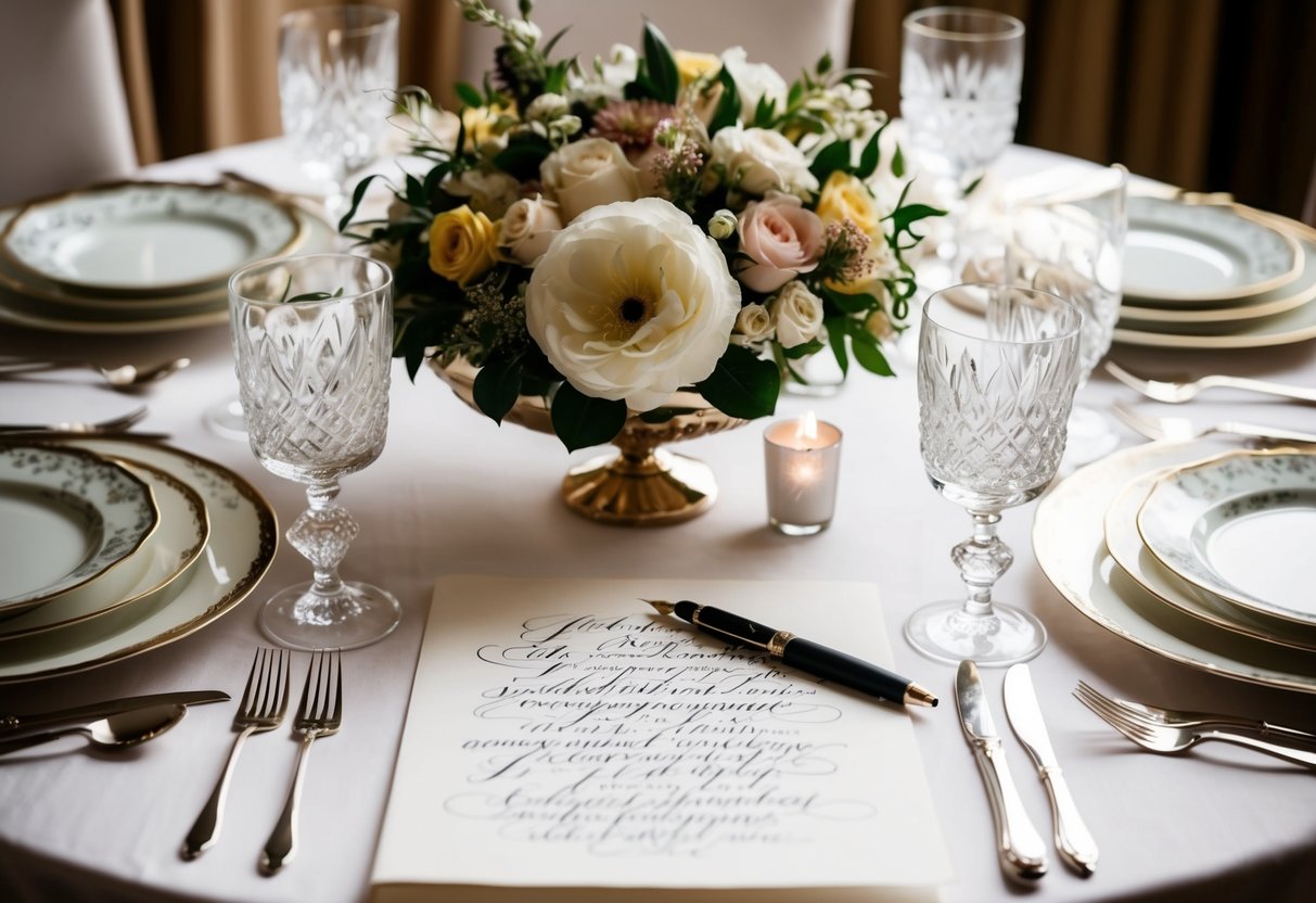A table set with fine china, crystal glasses, and elegant floral centerpieces. A calligraphy pen and paper with sophisticated wording