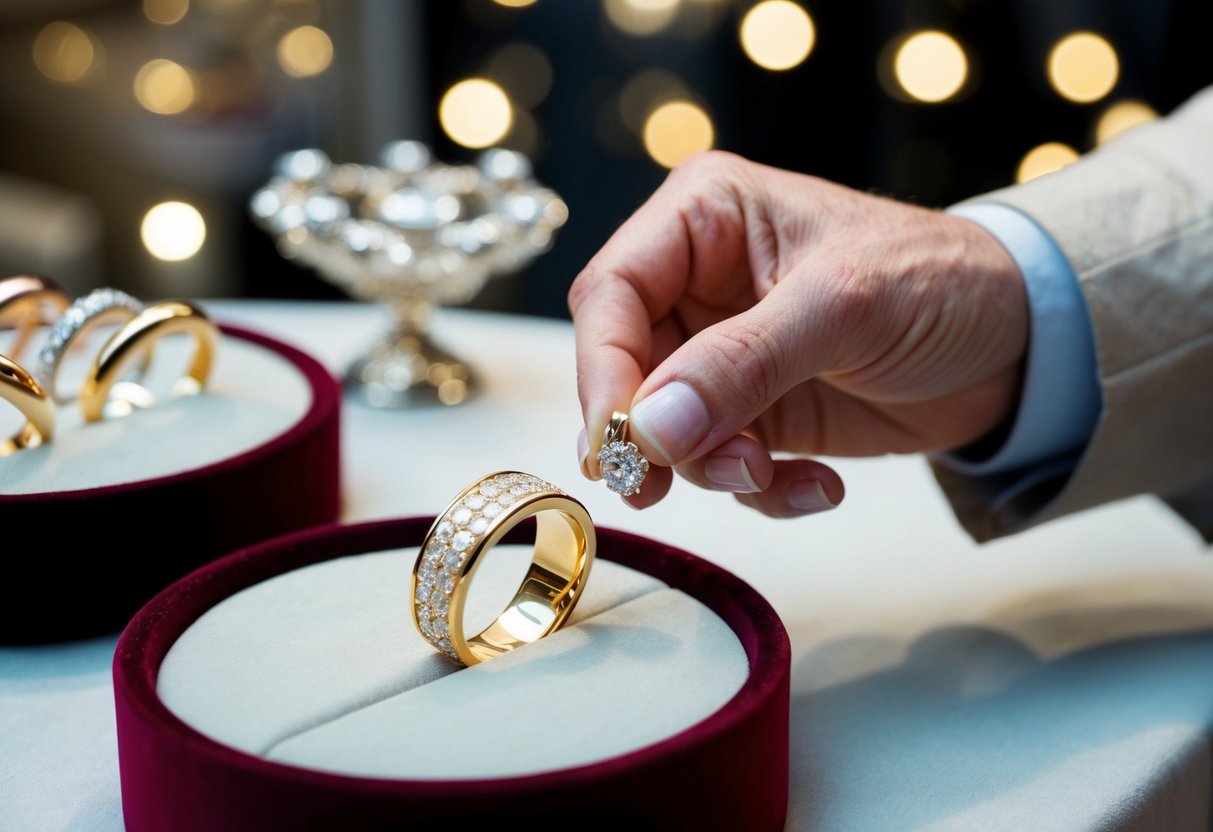 A jeweler carefully selects a gleaming gold band from a velvet-lined tray. A display of elegant rings glistens in the background