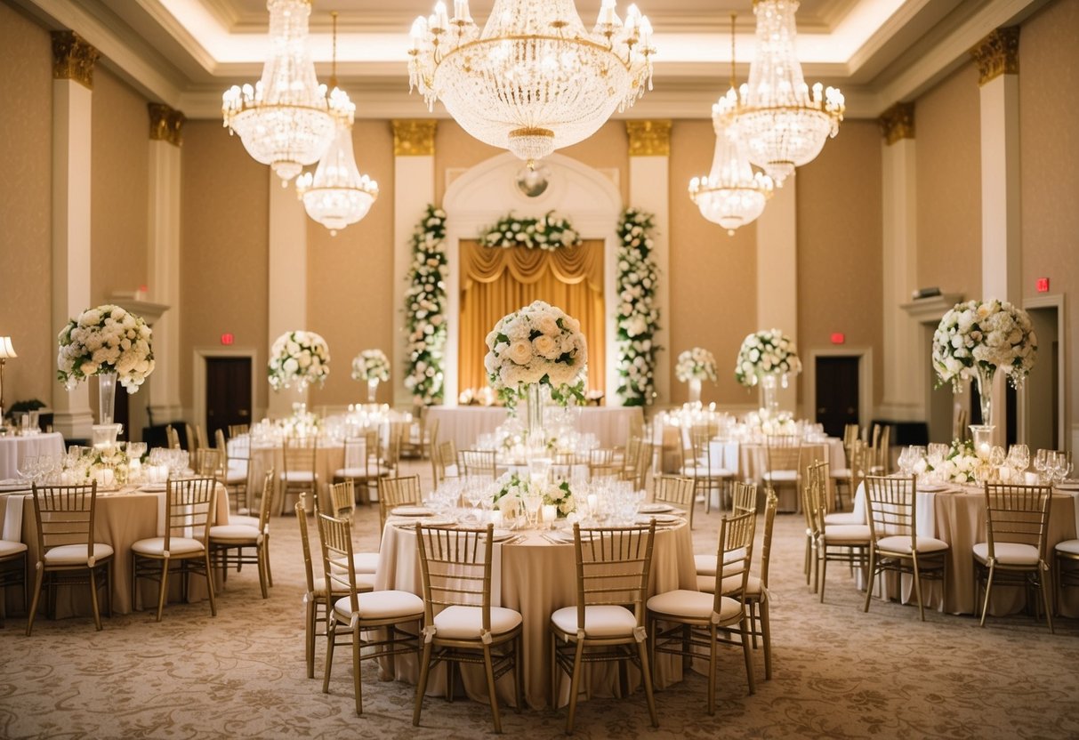 A grand ballroom with elegant chandeliers, ornate floral arrangements, and luxurious gold and ivory accents