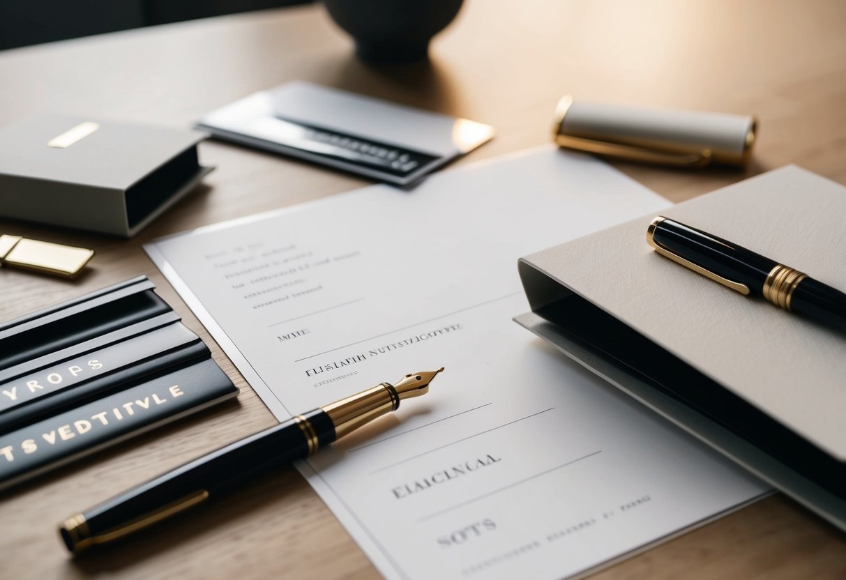 A table set with elegant stationery, a fountain pen, and a selection of sophisticated fonts