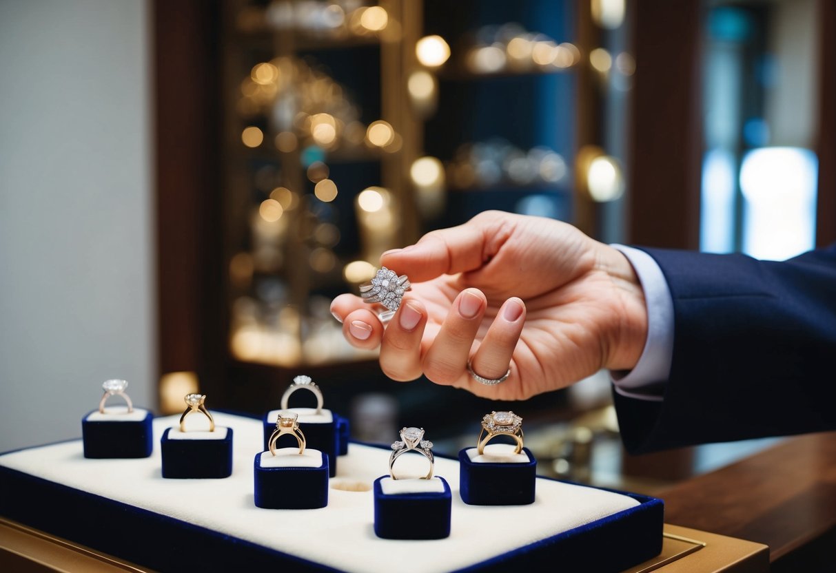 A jeweler's hand presenting a selection of wedding rings on a velvet display, with soft lighting highlighting the sparkle and detail of each ring
