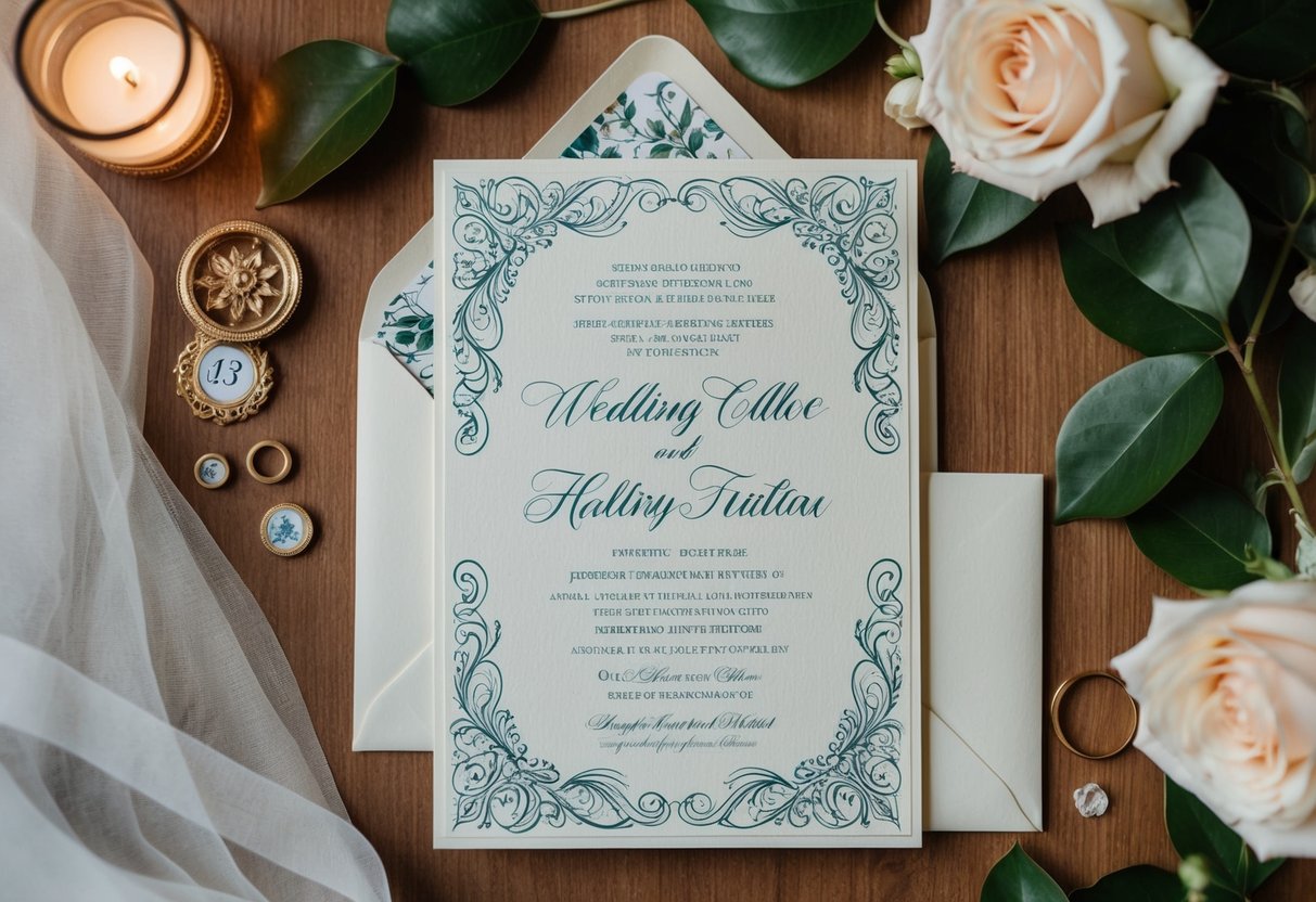 A beautifully decorated wedding invitation with elegant calligraphy and intricate designs