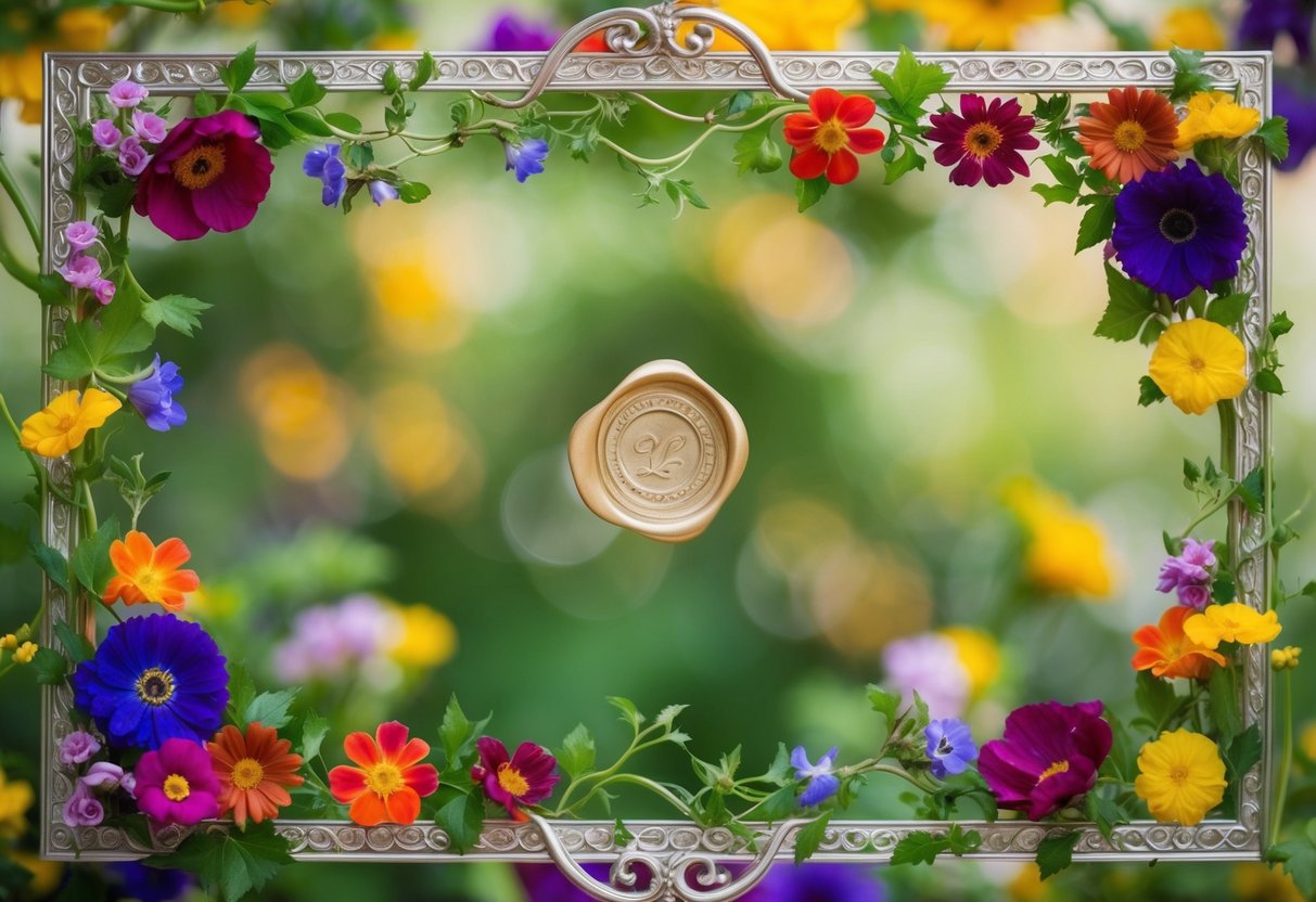 A colorful array of flowers and vines framing an elegant, decorative border. A wax seal with an intricate design adds a touch of sophistication