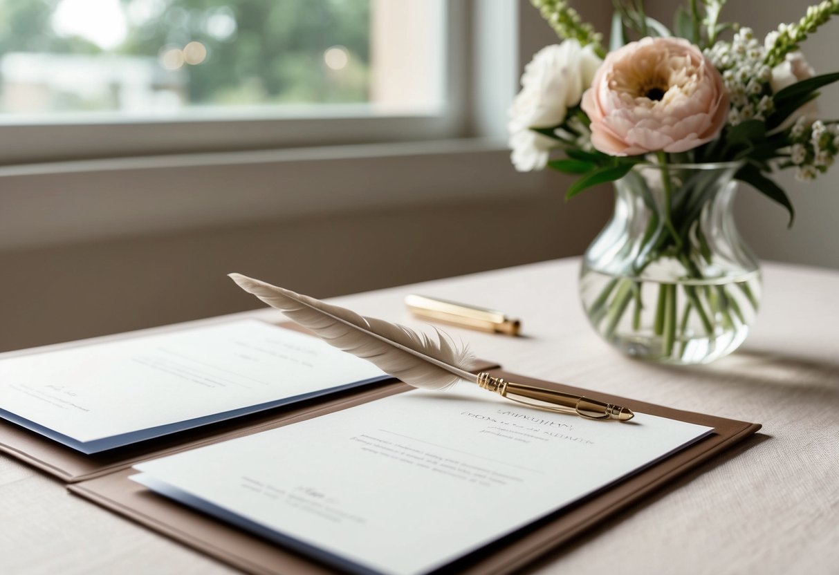 A table set with elegant stationery, a quill pen, and a vase of flowers, with soft natural light streaming in through a nearby window