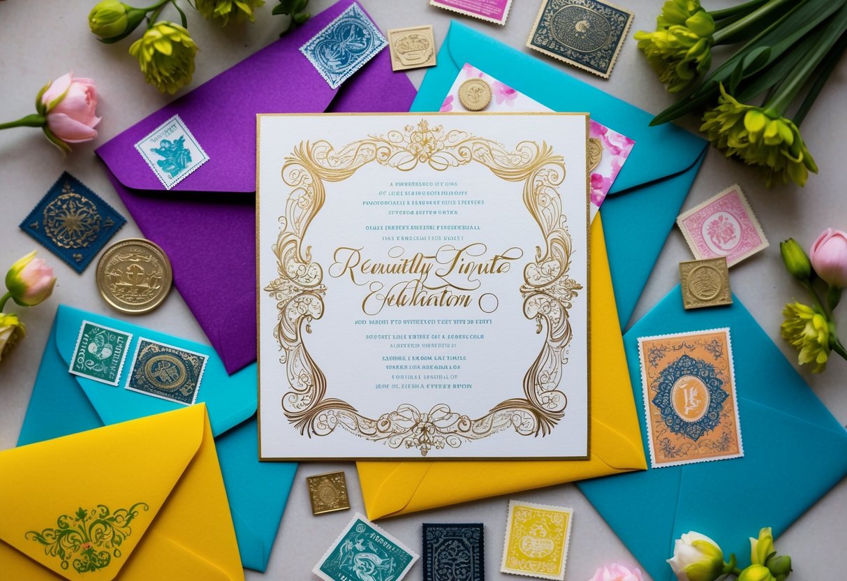 A beautifully decorated invitation card with elegant calligraphy and intricate designs, surrounded by colorful envelopes and decorative stamps