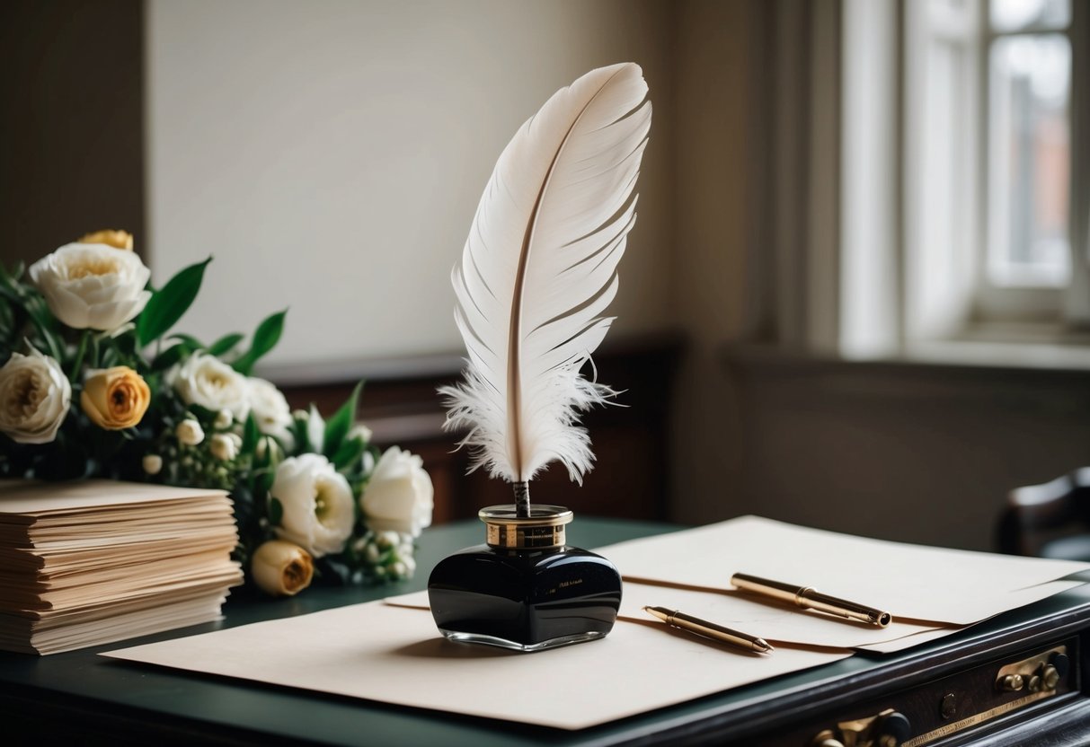 An elegant quill pen and inkwell on a vintage desk, surrounded by fresh flowers and a stack of blank, high-quality paper