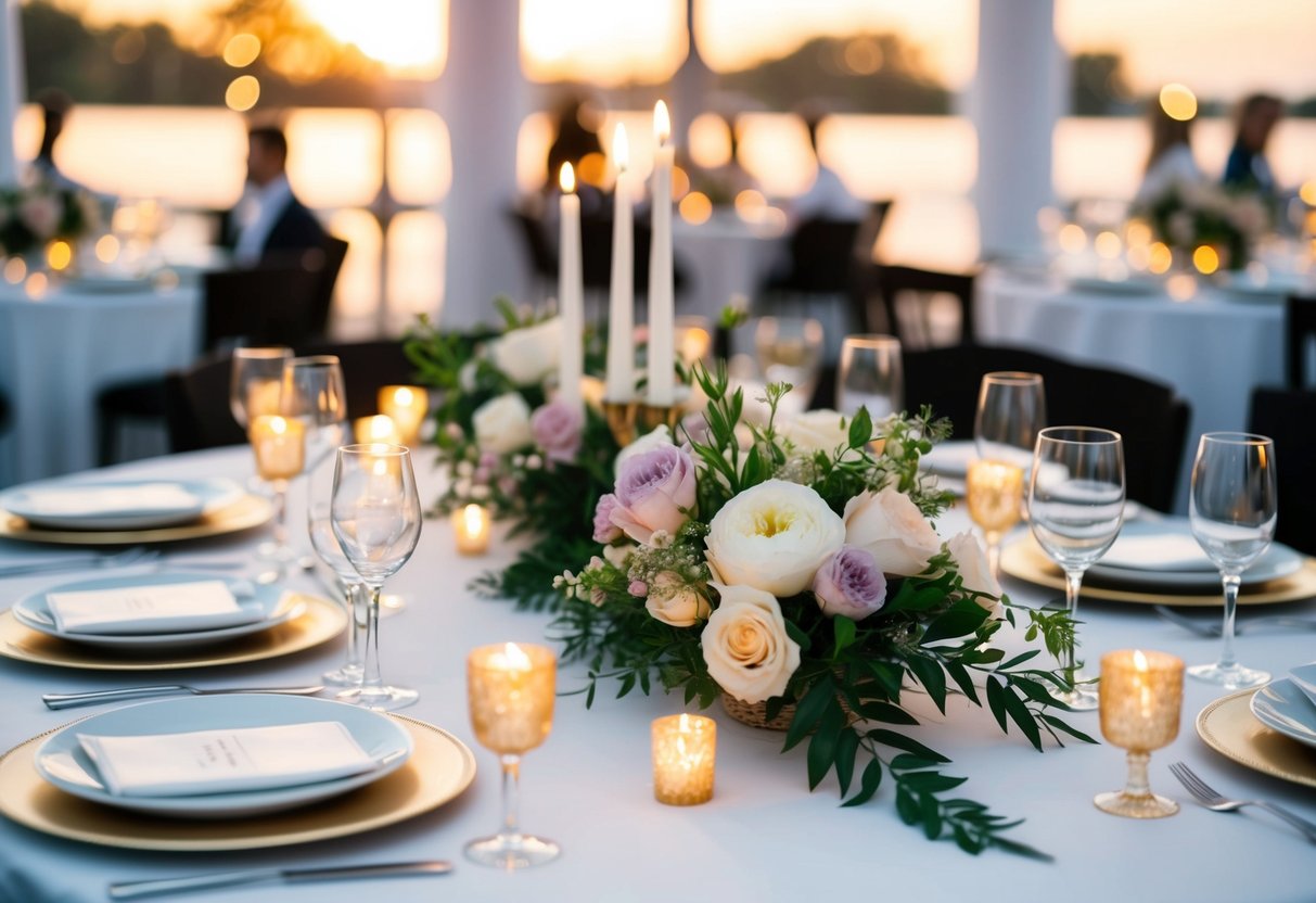 A beautifully set table with elegant place settings, fresh flowers, and flickering candles, ready to welcome guests for a special occasion