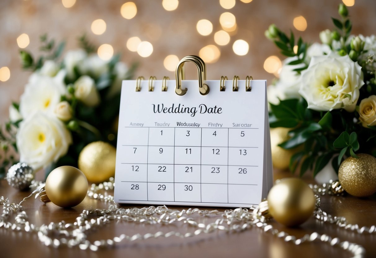 A calendar with a circle around the wedding date, surrounded by festive decorations and a bouquet of flowers