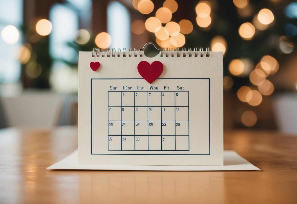 A handcrafted wedding invitation with a calendar and a heart-shaped date marker