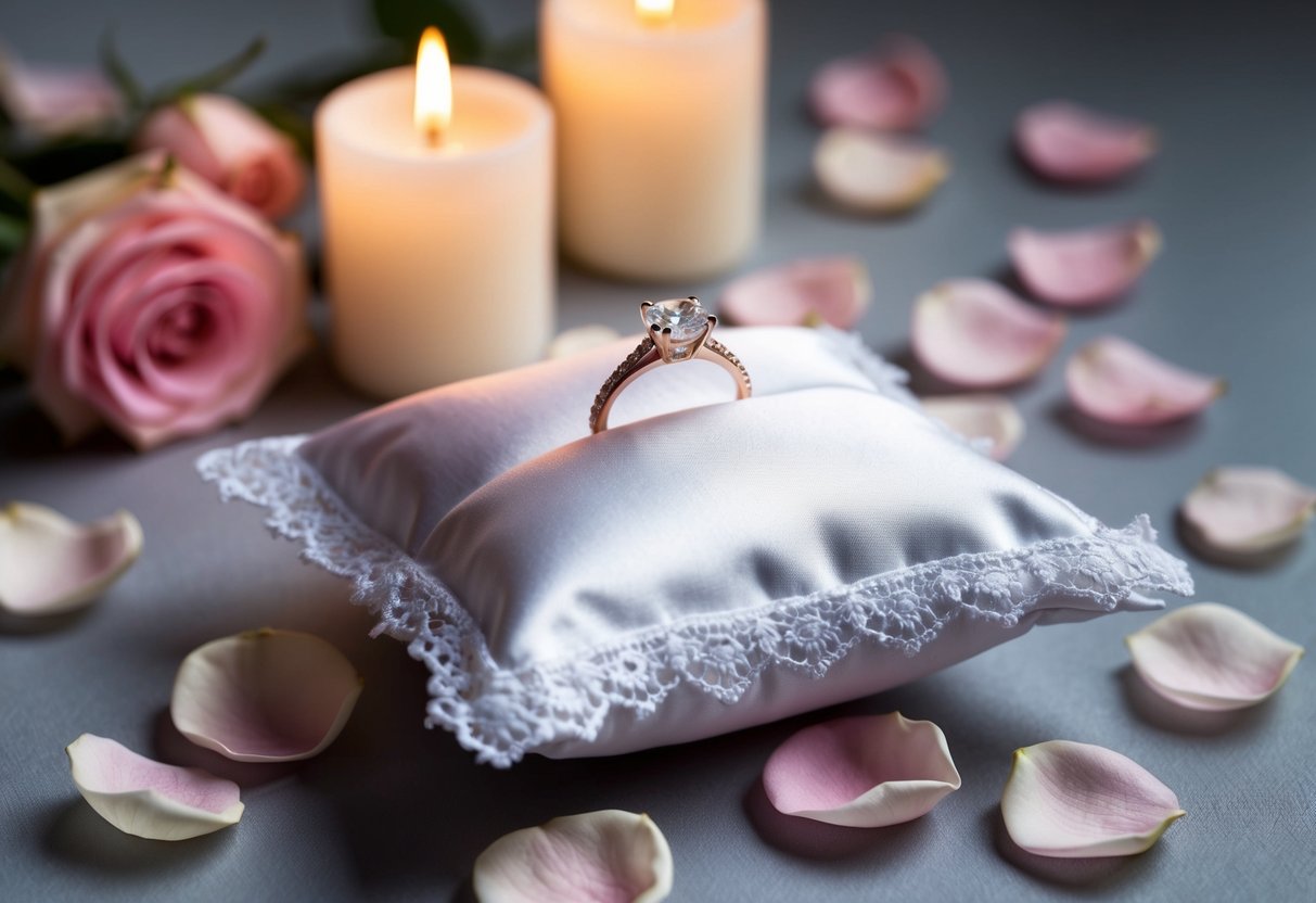 A wedding ring resting on a lace-trimmed white satin pillow, surrounded by delicate pink rose petals and soft candlelight