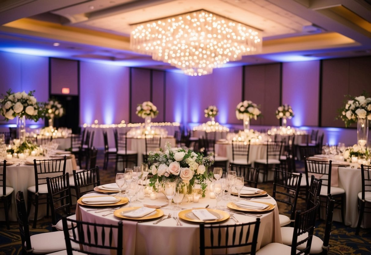 A beautifully decorated wedding reception with elegant table settings, floral centerpieces, and twinkling lights creating a romantic and share-worthy atmosphere