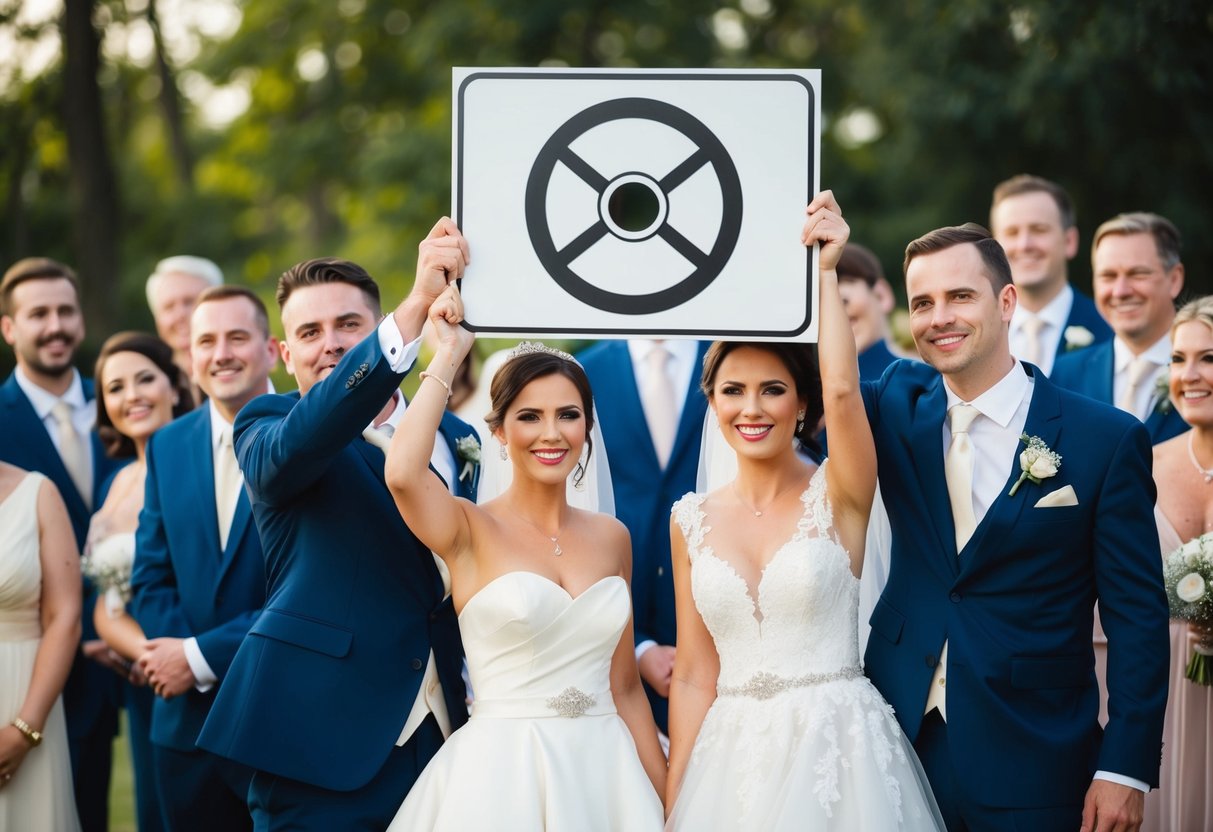 A bride and groom holding up a sign with a crossed-out camera symbol, surrounded by happy wedding guests with smiles and nods of understanding