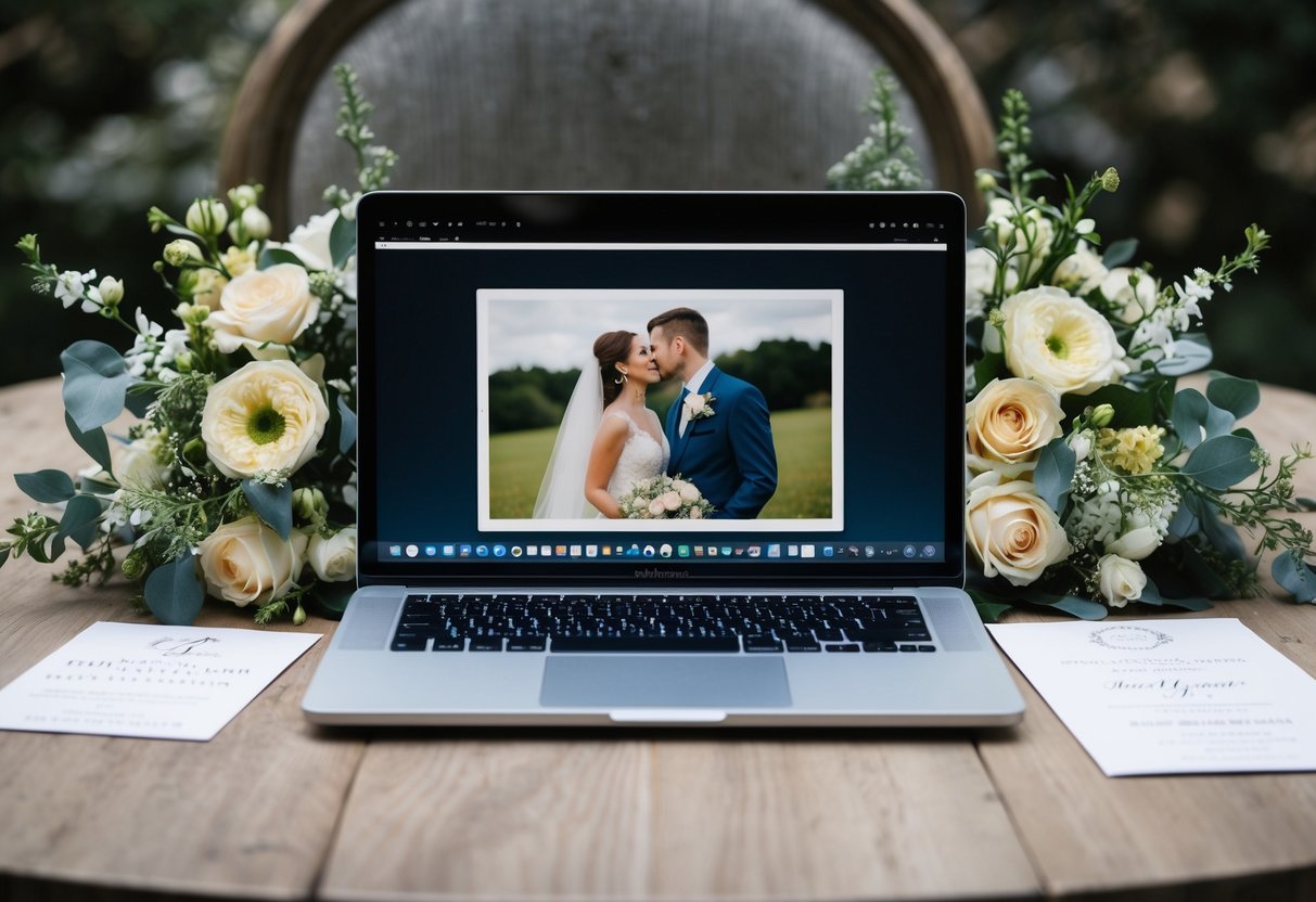 A laptop with a wedding photo on the screen, surrounded by flowers and a wedding invitation