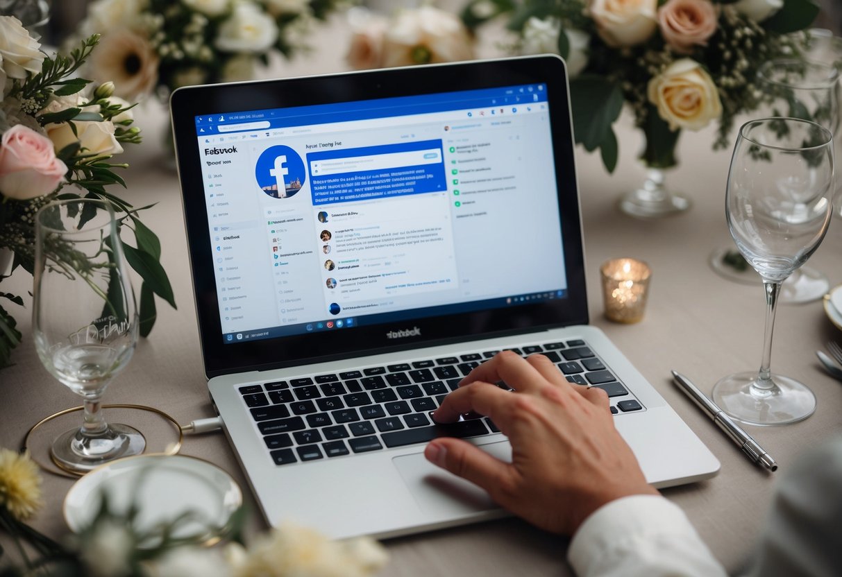 A laptop open to a Facebook page with a wedding hashtag and details being typed in, surrounded by wedding decor and flowers