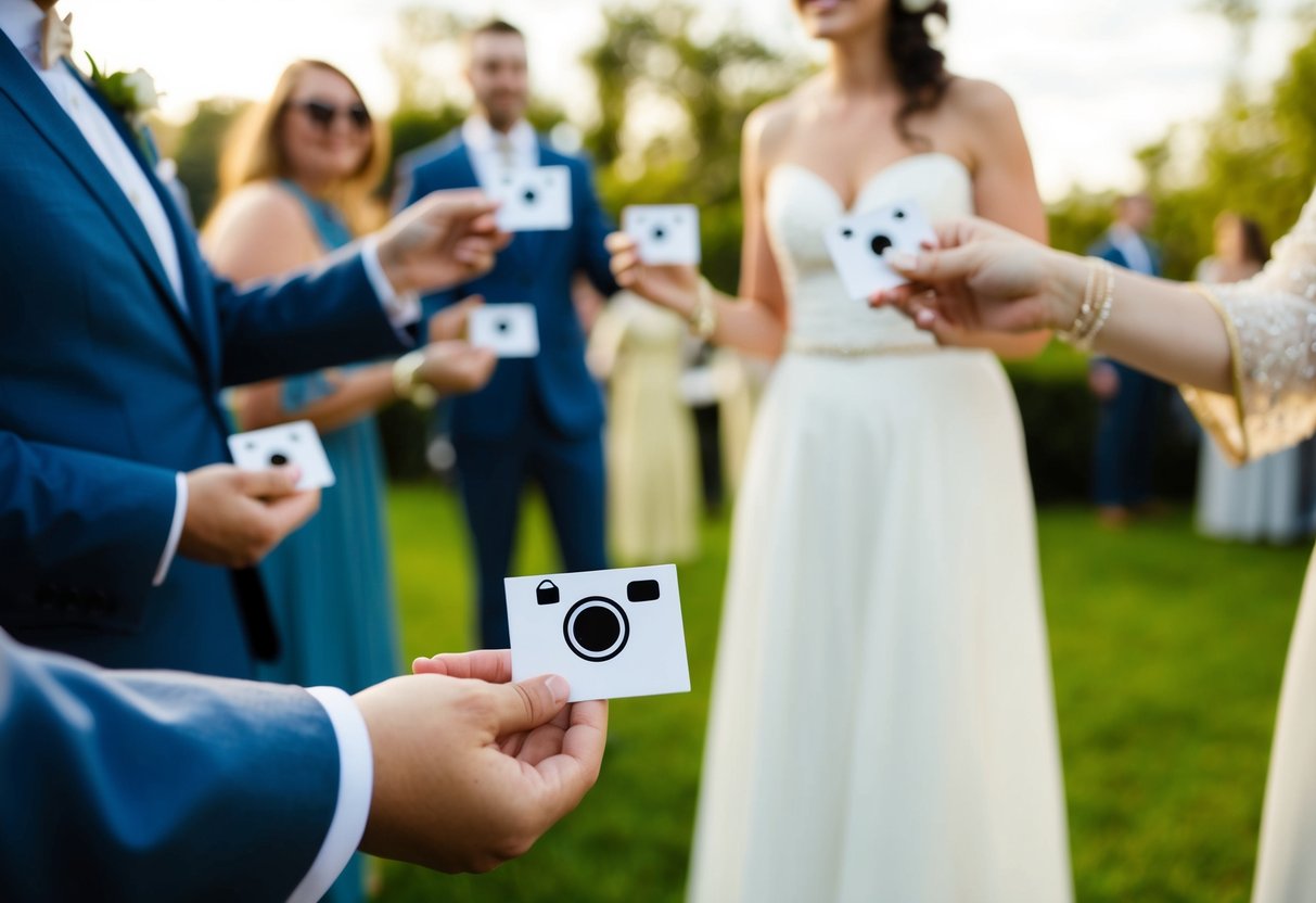 Guests at a wedding are handed small cards with a camera crossed out, indicating that the couple prefers no photos be posted on social media