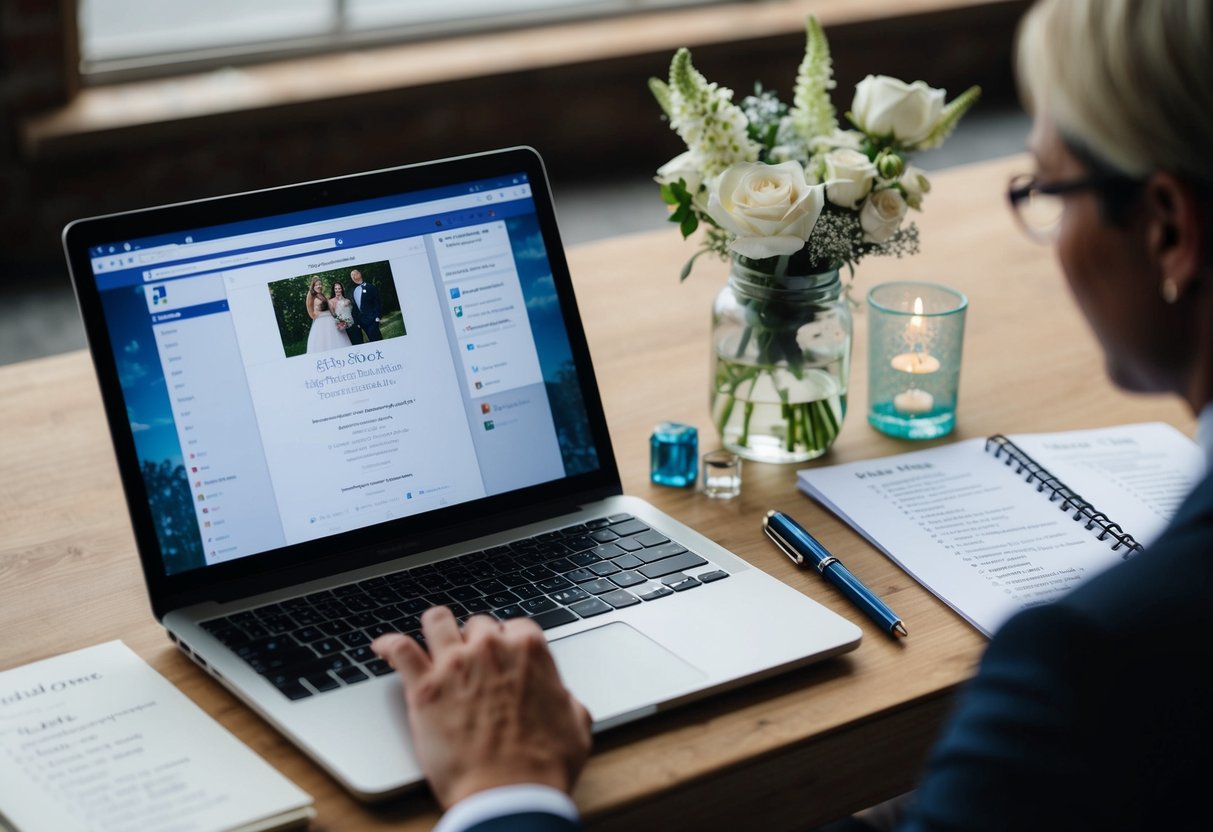 A laptop open to a Facebook event page, with a wedding invitation displayed, surrounded by a list of guests and a pen ready to take notes