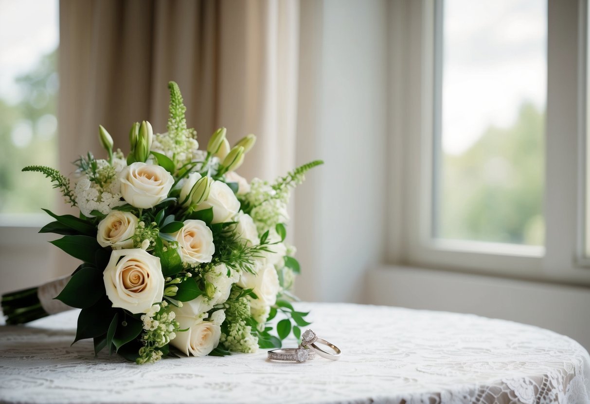A bouquet of flowers and wedding rings on a lace tablecloth, with soft natural light streaming in from a nearby window