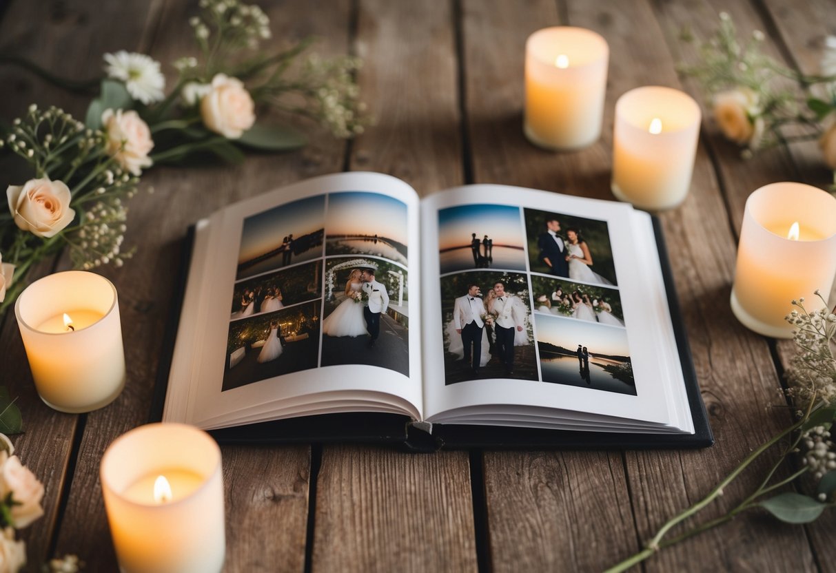 A wedding photo album laid open on a rustic wooden table, surrounded by soft candlelight and delicate floral arrangements