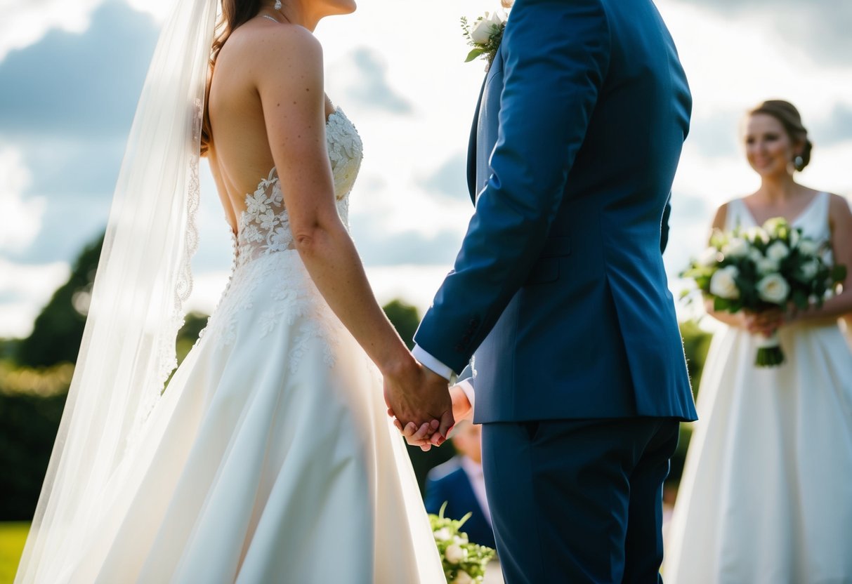 A bride and groom holding hands, smiling at each other, while their wedding photographer captures the moment