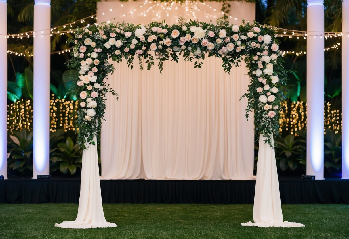 A wedding backdrop, 8 feet tall and 10 feet wide, adorned with flowers and drapery, stands against a backdrop of lush greenery and twinkling fairy lights