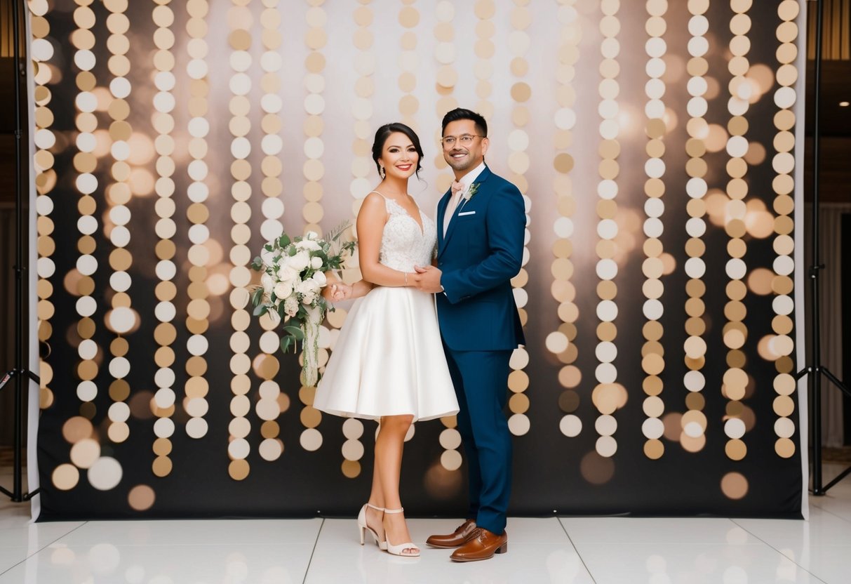 A couple stands in front of a large, decorative backdrop at their wedding, the backdrop filling the space behind them without overwhelming the scene