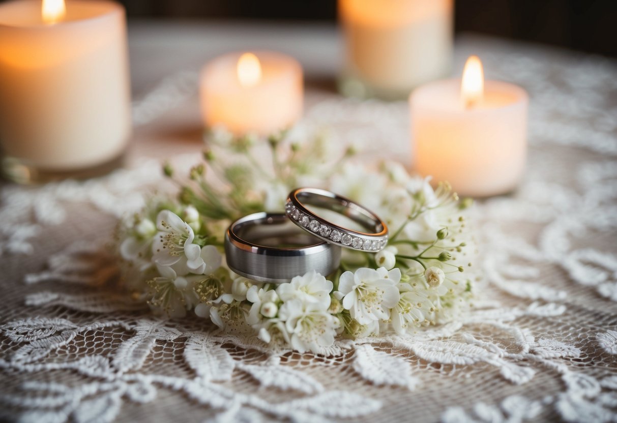 A pair of elegant wedding rings resting on a bed of delicate white flowers, surrounded by soft candlelight and a vintage lace tablecloth