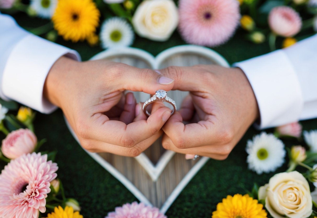 A couple's hands holding a wedding ring, surrounded by flowers and a decorative background