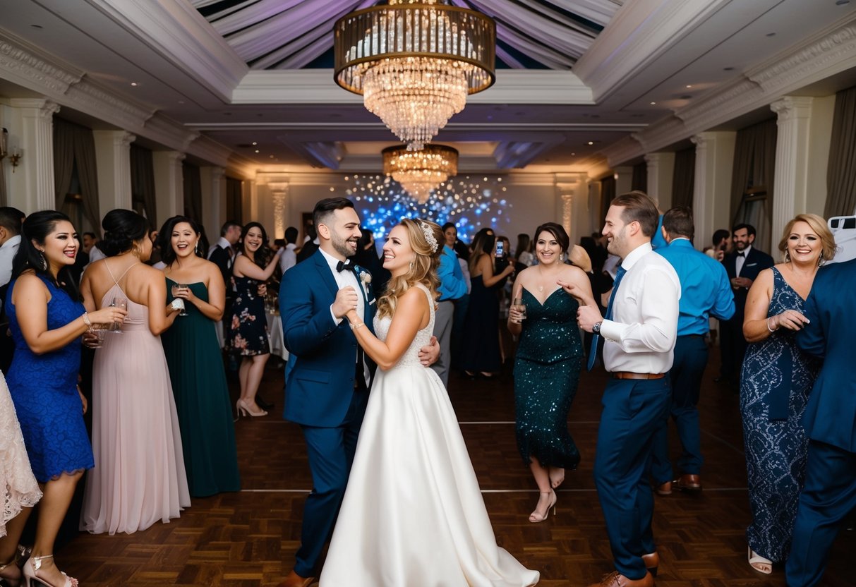 A festive wedding reception with elegant decor, a dance floor, and guests mingling and celebrating without a photo booth