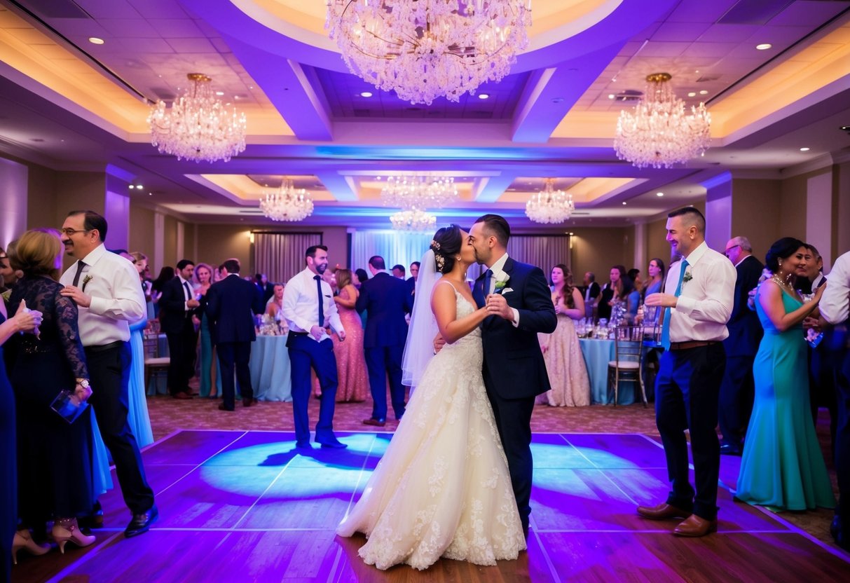 A festive wedding reception with colorful decorations and a lively dance floor, where guests are mingling and taking candid photos