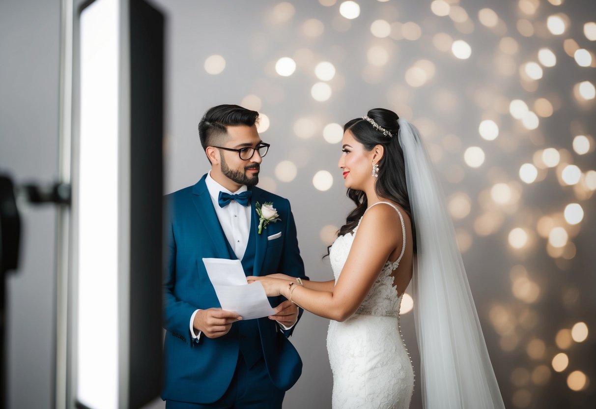 A bride and groom discussing wedding budget, with a photo booth in the background