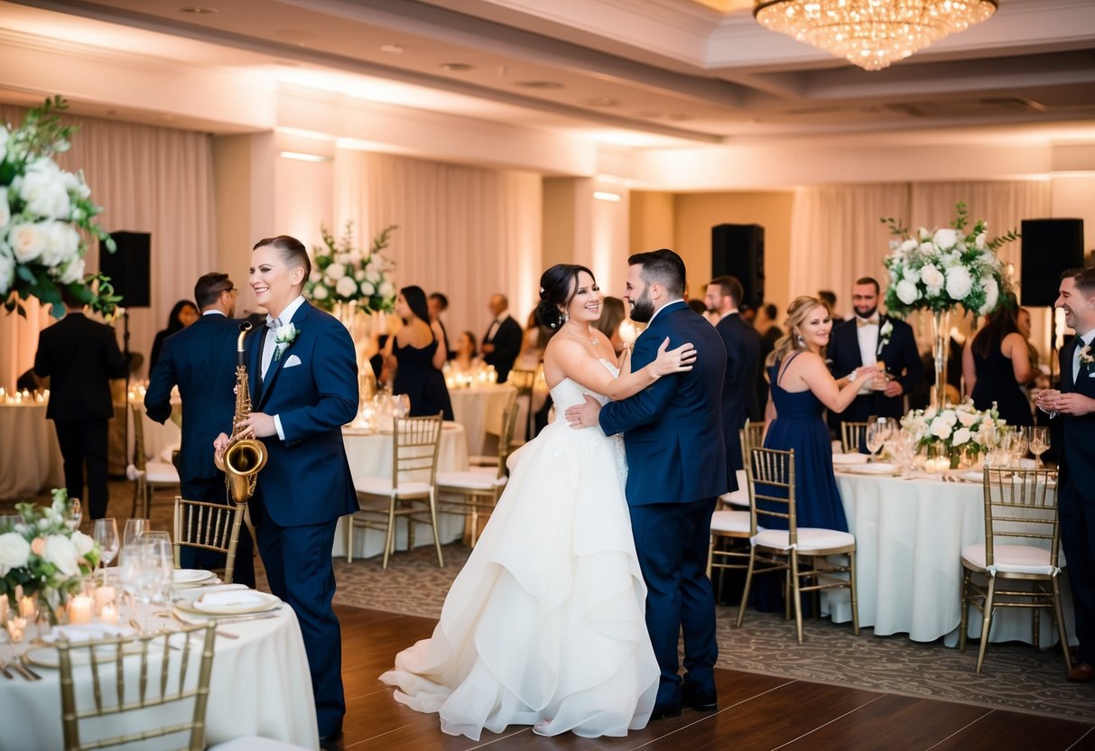 A wedding reception with elegant decor, soft lighting, and a live band playing. Tables are adorned with beautiful centerpieces and guests are mingling and enjoying themselves