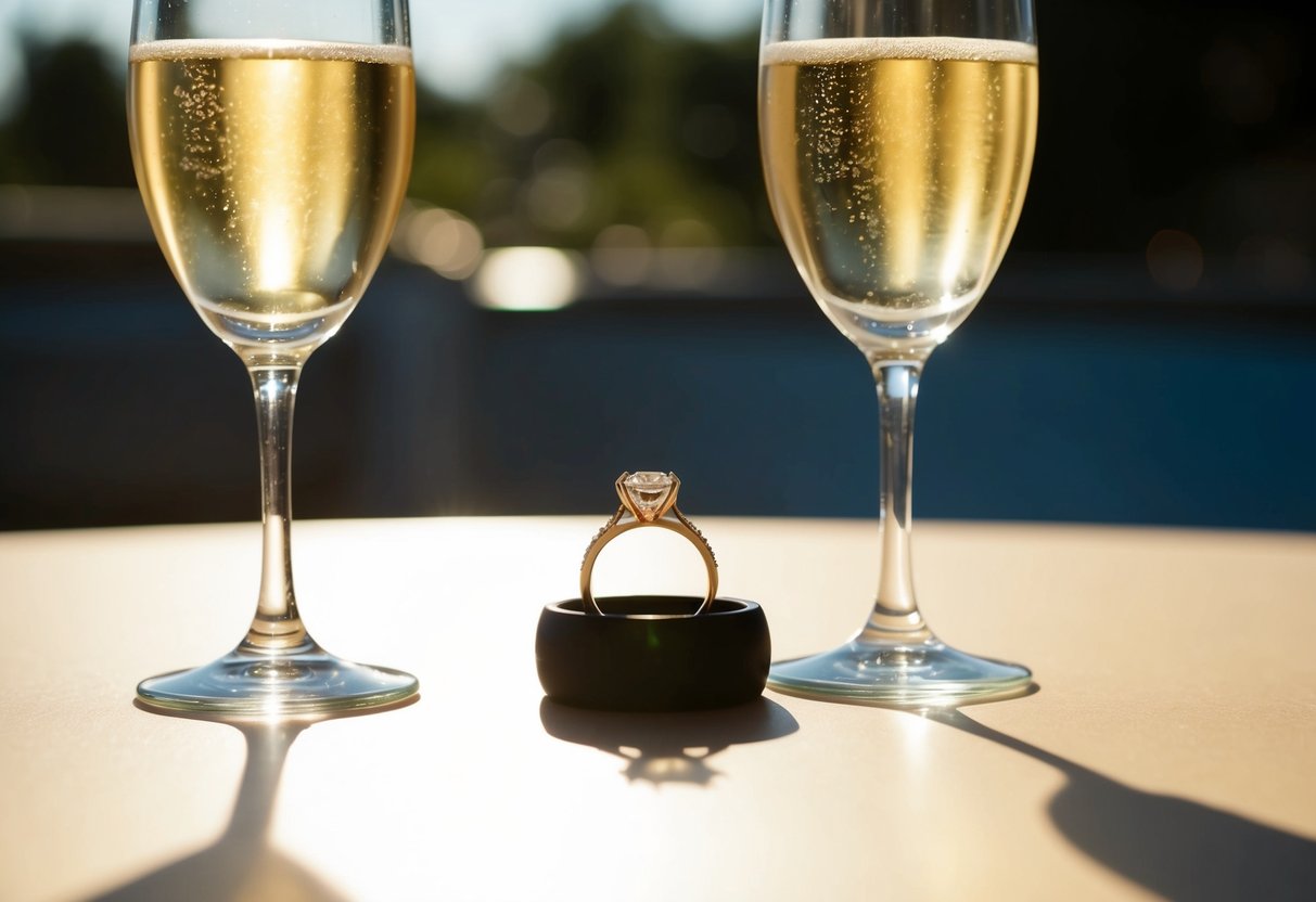 A ring placed on a sunlit table with two glasses of champagne
