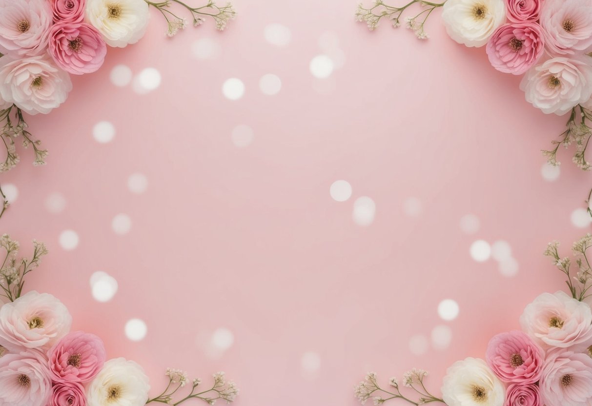A soft pastel pink backdrop with delicate floral accents