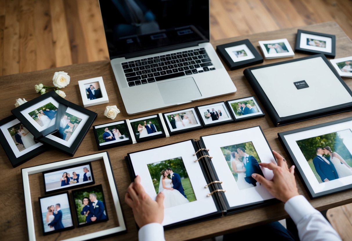 A table with a laptop, wedding album, and various photo frames. A pair of hands arranging the photos in different layouts