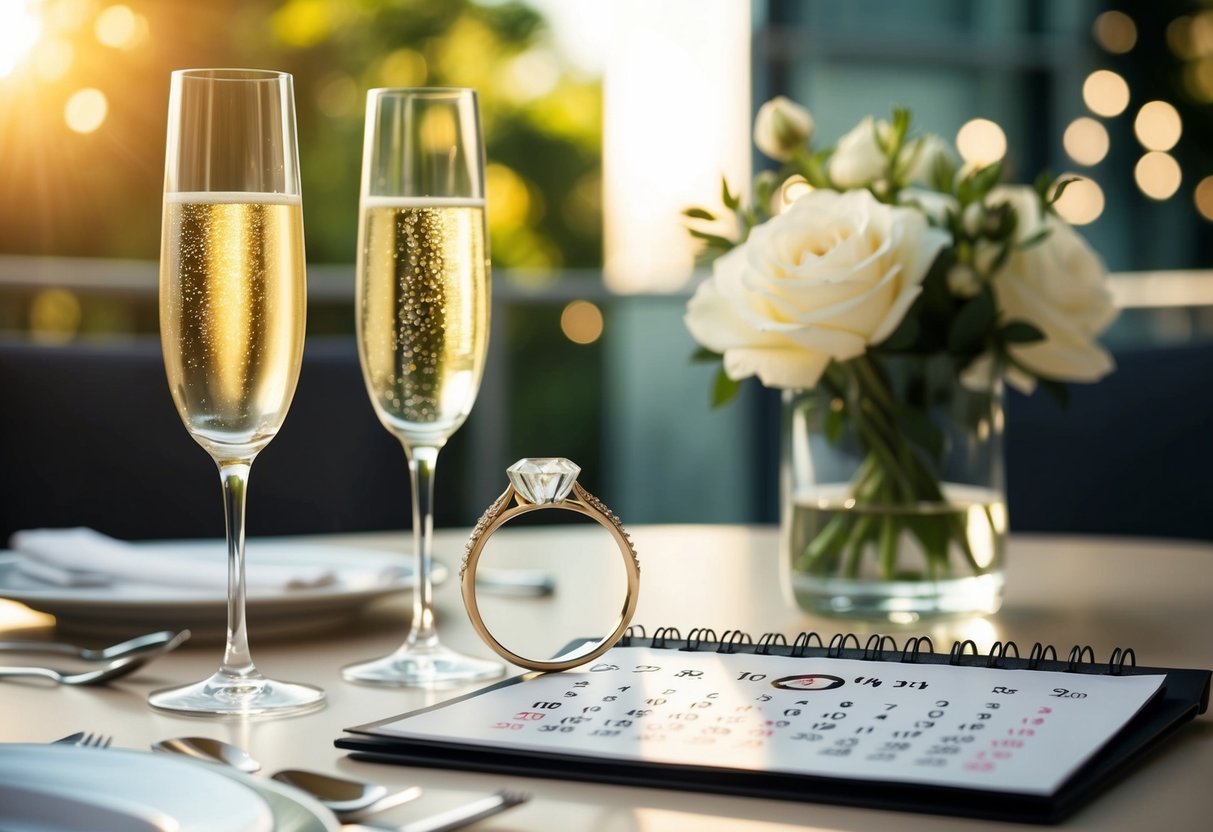A table set with champagne glasses, a sparkling ring, and a calendar with a circled date