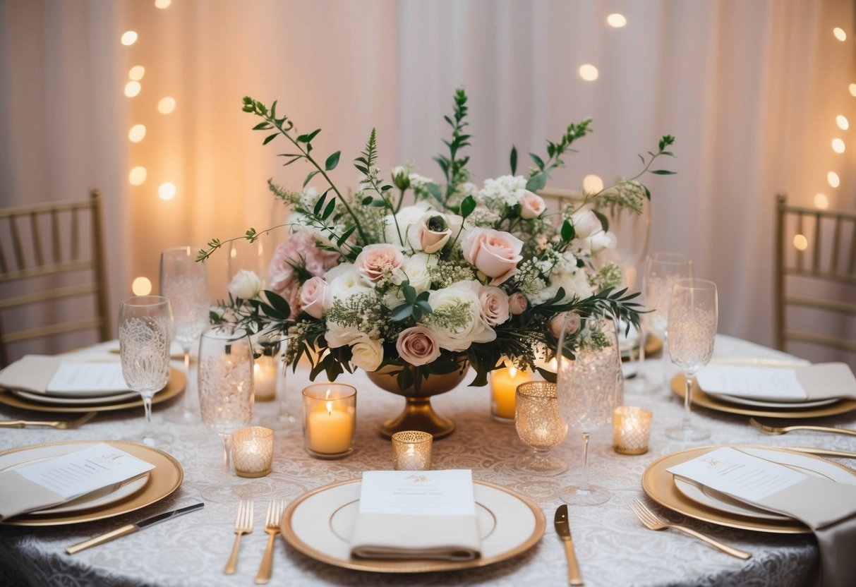 A beautifully set table with a delicate lace tablecloth, adorned with elegant floral centerpieces and soft candlelight, creating a romantic and intimate atmosphere
