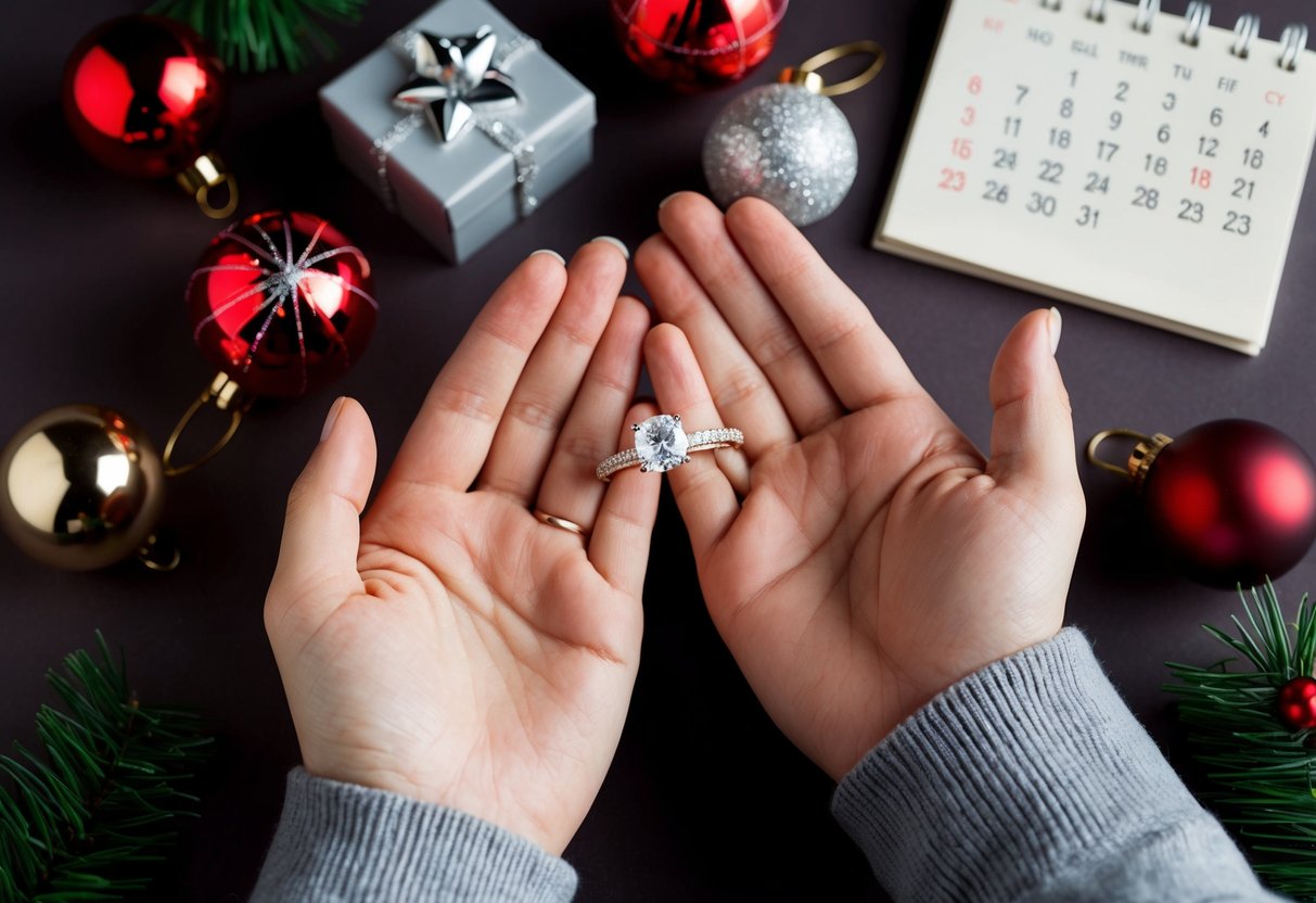 A couple's hands holding a sparkling engagement ring, surrounded by festive decorations and a calendar marking the date of the celebration