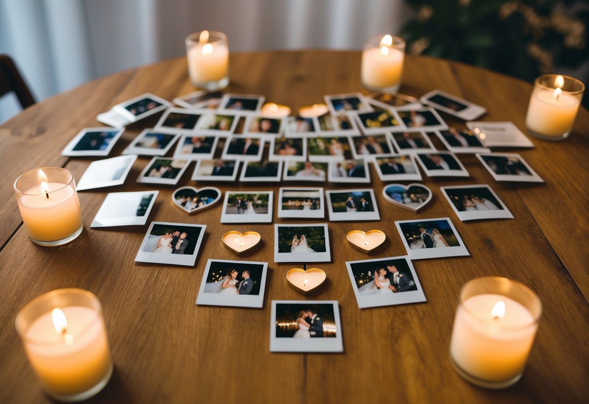 A wedding slideshow with 20 pictures arranged in a heart shape on a wooden table with soft candlelight
